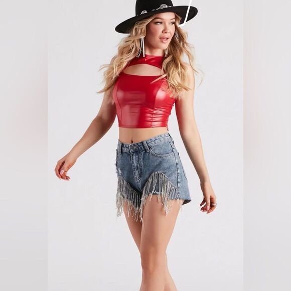 On The Fringe Rhinestone Denim Shorts - Picture 2 of 6